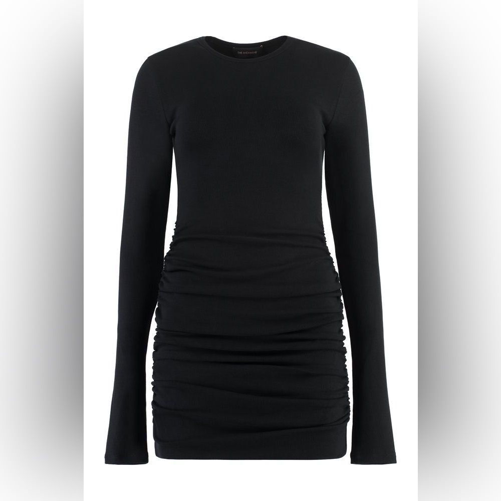 Andamane Ruched Long Sleeve Ribbed Black Dress 38